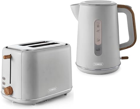 Tower Scandi 3KW 1.7L Kettle & 2 Slice Toaster in Dove Grey with Wooden Accents. Contemporary Matching Kettle & Toaster Set in Dove Grey