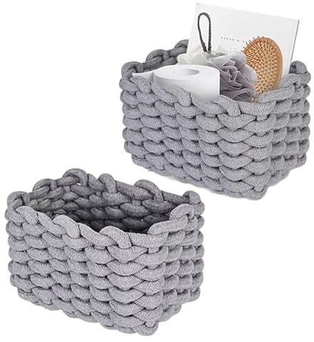 Aufbewahrungskorb Baumwolle, 2 Stück Set Aufbewahrungskorb Geflochten, Baumwollseil Geflochten, Geflochten Baumwolle Strickkorb, Wickeltisch Organizer, Für Schminke, Socken, Hautpflegeprodukt(Grau)