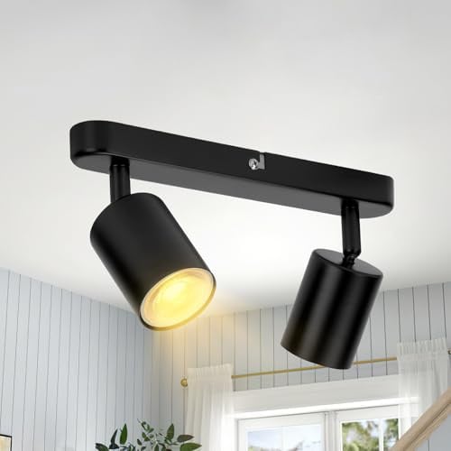 MKKM Deckenstrahler 2 Flammig Schwarz,Schwenkbar Deckenstrahler Spotleuchte Wandspot, GU10 (ohne Leuchtmittel) Retro/Vintage Deckenleuchte 230V Schwarz für Wohnzimmer Schlafzimmer Küchen