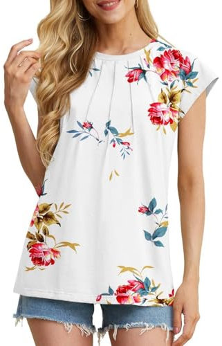 GRECERELLE Womens Summer Tops Cap Sleeves Casual Flower T-Shirt Pleated Ladies Summer Tops (Rose White Flower, XXL)