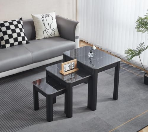 Modernique Set of 3 Nest of Tables Sets Ceramic Top in Black Grey & White (Black)