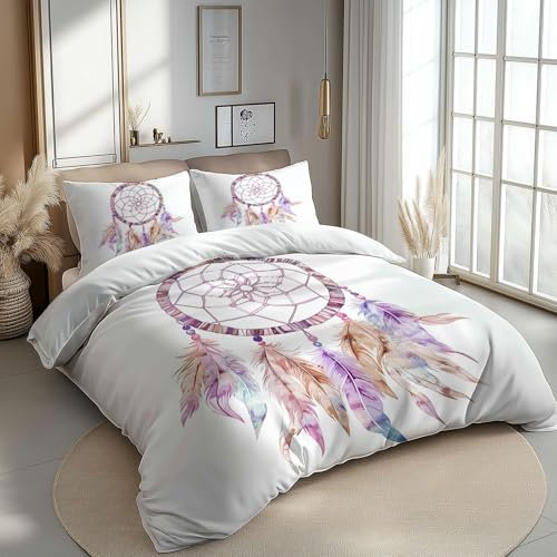 Générique Housse De Couette 220 X 200 Cm Adulte De Lit Microfibre Parure Traditionnel Attrape-Rêves Plumes Housse Couette Zippée Modern Rose Violet Linge De Lit Et 2X 65X65Cm Taies d'oreiller