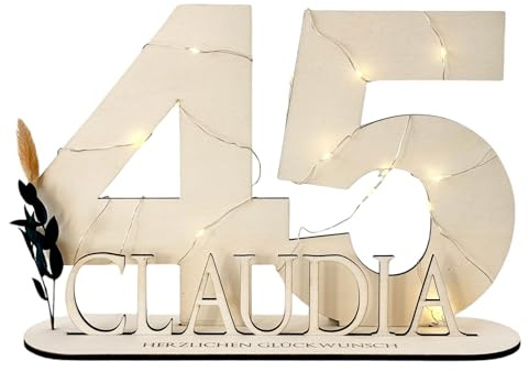 Manufaktur Liebevoll 45 Geburtstag Geschenk Frauen & Männer Geldgeschenke Geburtstag 45 mit LED Lichterkette I Gästebuch Holz 45 Geburtstag Deko I Personalisiertes Geburtstagsgeschenk mit Namen (45)