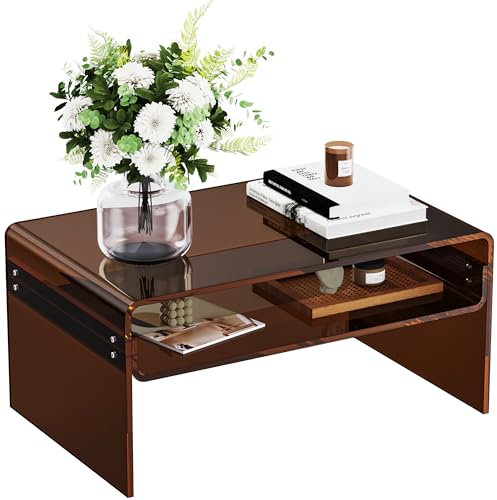 solaround Acryl Couchtisch für Wohnzimmer, Wohnzimmertisch Beistelltisch Transparent, Lucite Tisch mit Offenem Aufbewahrungsregal (Dunkelbraun)