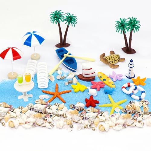 Spetsbst 29 Stück Strand-Mikrolandschaft, Mini Dekorationen Miniatur-Ornament-Set für DIY, Sommer Strand Deko Miniatur Set mit Miniliegestuhl/Palme/Sonnenschirm/Muscheln/Meerestiere usw.