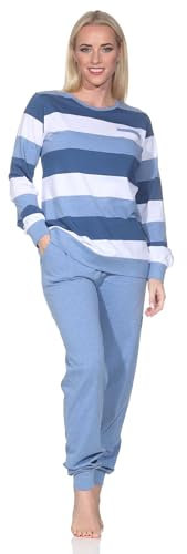 Normann Damen Schlafanzug Langarm mit Bündchen in Blockstreifenoptik - auch in Übergrössen, Farbe:blau-Mel., Größe:40-42