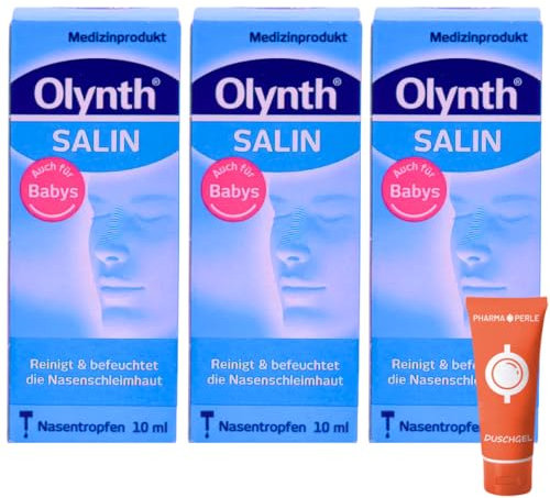 Olynth Salin Nasentropfen 3x 10 ml I Reinigt & befeuchtet die Nasenschleimhaut I sanfte Nasenpflege für Babys, Kinder & Erwachsene I bei Schnupfen & Allergie I Spar-Set plus Pharma Perle give-away