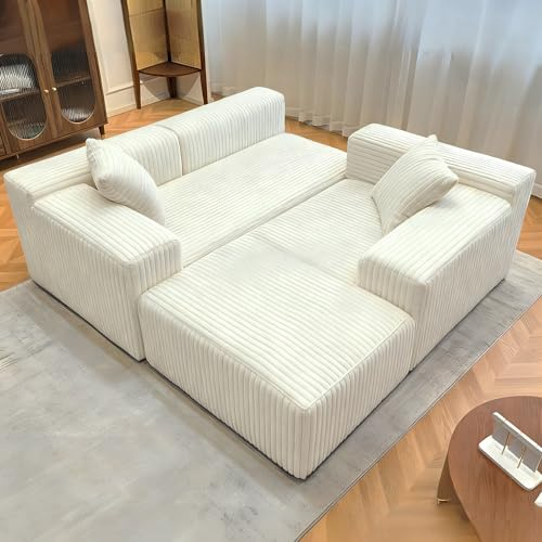 AEVIDKZOP Boneless Sofa Couches, Modulares Sofa Cord Sofa mit Schlaffunktion Cloud Cord Couch Ecksofa, L-Form, Bequem XXL, Cordsofa, Relaxsofa für Wohnzimmer (Weiß)