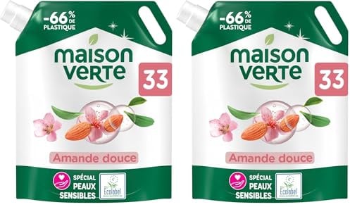 Maison Verte - Recharge Lessive Liquide - Parfum aux Huiles Essentielles - Lessive Détachante - Amande Douce - Peaux Sensibles - Efficace dès 20°C - 5 Enzymes Actives d'Origine Naturelle - 33 Lavages