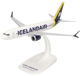 Herpa Snap-Fit Modellflugzeug Icelandair Boeing 737 Max 8 - Yellow Tail Stripe, Miniatur im Maßstab 1:200, Sammlerstück, Modell mit Standfuß, Kunststoff