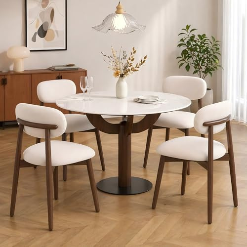 TAKUMI∞X Juego de 4 sillas de comedor, color beige, sillas de comedor, modernas, de madera de nogal, juego de 4 sillas de comedor de tela de lino, respaldo curvado para el hogar, restaurante, oficina