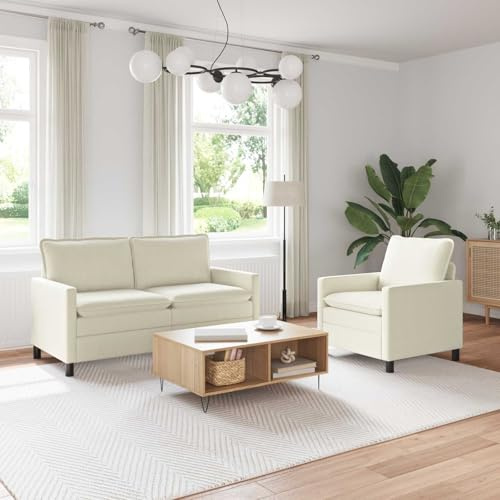 LoogCape Sofa Set 2 pcs Creme Stoff Cordstoff mit robustem Metallrahmen, 3-Sitzer Couch Garnitur für Wohnzimmer, abnehmbare Bezüge, vielseitig und pflegeleicht, modernes Design mit flachen Armlehnen