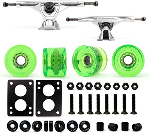 Vj skateshop Longboard Skateboard Combo Paket mit 70 mm Rollen 18 Zoll 180 mm Aluminium Achsen Kugellager Hardware Komplettset, Silver Truck/Gel Green Wheel, 70mm