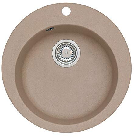 VBChome Spüle Ø 50 cm Beige Rundspüle Küchenspüle Einzelbecken Einbauspüle Verbundspüle Rund Oval + Siphon
