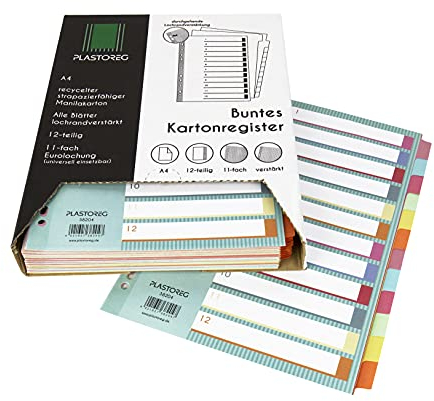12er Pack 12-teiliges DIN-A4 Register/Trennblätter aus recyceltem Karton, in praktischer Spenderbox, verstärkte Lochung mit Deckblatt, Trenn-Blätter in 6 Farben für die perfekte Ordner-Organisation