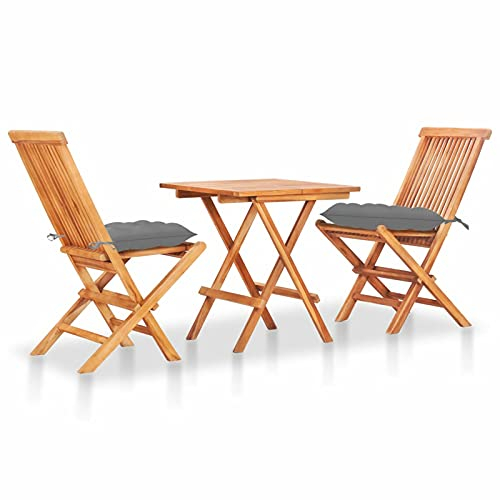 Tidyard 3-TLG. Bistro-Set mit Grauen Kissen 1 klappare Esstisch und 2 klapparstühle Klappbare Balkonset Sitzgruppe Barset Gartengarnitur Gartenmöbel Terrassenmöbel Balkonmöbel Massivholz Teak