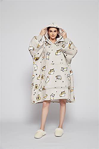 Sedefen Plaid Couverture Polaire avec Manches,Sweat-Shirt à Capuche avec Poches Portables,Confortable Flanelle Douverture TV Femme Homme,Hiver Chaud Sherpa Adulte,Gris Clair,Chat