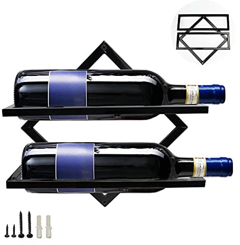 Supporto da parete per portabottiglie in metallo, organizer pieghevole per portabottiglie da appendere per 2 bottiglie di liquore, portabottiglie per parete del bar della cucina di casa (A1)