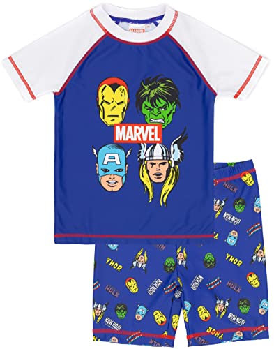 Marvel Swimsuit for Boys | Kids Blue Superheroes Hulk Iron Man Captain America Thor Beach Two-Piece Top Shorts Bathing Suit Swim Set Comics Swimwear