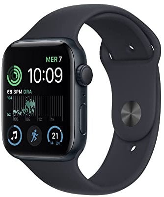 Apple Watch SE (2ª gen.) (GPS, 44mm) Smartwatch con cassa in alluminio color mezzanotte con Cinturino Sport color mezzanotte - Regular. Fitness tracker, monitoraggio del sonno, Rilevamento incidenti