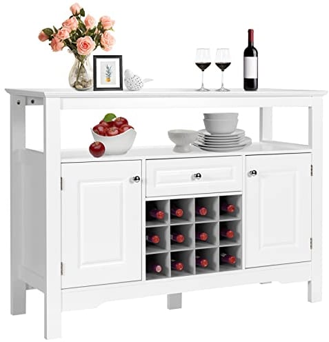 GIANTEX Sideboard Küchenschrank mit Weinregal, bodenstehender Vorratsschrank Buffetschrank Weinschrank mit Schubladen & 2 Schränken, Küchekommode Holz Beistellschrank Aufbewahrungsschrank (Weiß)