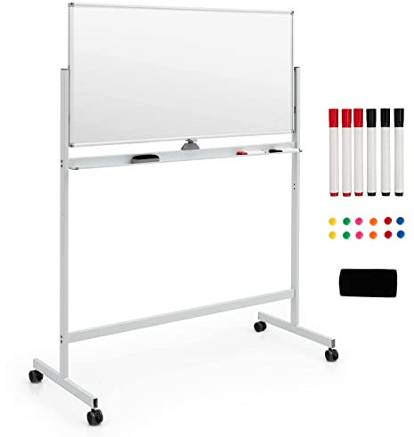 GOPLUS Tableau Blanc Effacable sur Pied Rotatif à 360°, 120 x 60 CM, Tableau Blanc Magnetique 2 Face, Hauteur Réglable avec 4 Roue Universelle, 12 Aimant, 6 Marqueur, Gomme pour École, Bureau, Blanc