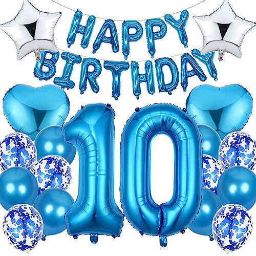 Ouceanwin Luftballon 10. Geburtstag Deko Jungen, Blau Geburtstagsdeko 10 Jahre Junge, Folienballon Happy Birthday Deko 10. Geburtstag Kinder, Ballons 10. Geburtstags Dekoration Set
