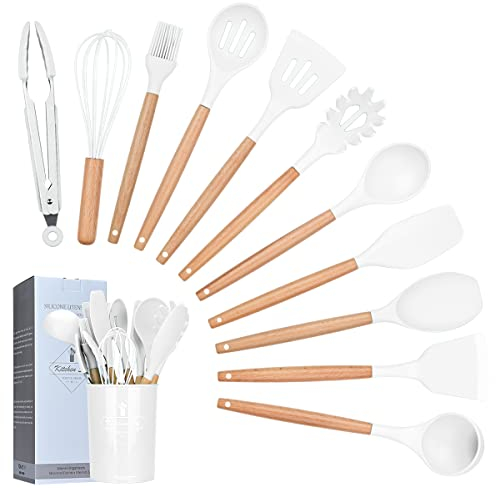 Lychee 12 Piezas Utensilios de Cocina de Silicona, Utensilios de Cocina de Silicona Resistentes al Calor y Antiadherentes con Mango de Madera para Utensilios (Blanca)