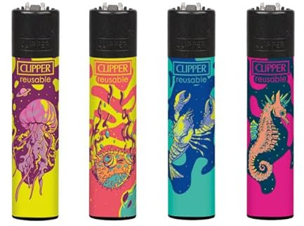 Clipper Feuerzeuge 4er Set + 1x DHOBIA Feuerzeug (Lava Animals)
