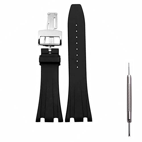 Kevisae Schwarzes Gummi-Silikon-Uhrenarmband, kompatibel mit Audemars Piguet Royal Oak Offshore 15703 15710–28 mm AP Gummi-Uhrenarmband (silberne Schnalle)