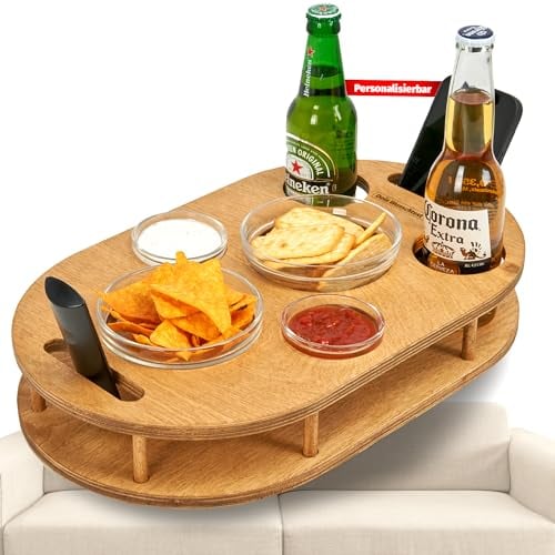 Couchbar Snackbox in Eiche mit 4 Glasschalen PERSONALISIERBAR Sofabar für Snacks und Getränke - Couchtabletts mit Getränkehalter - Sofa Butler - Snackbar für die Couch - Couch Bar personalisiert