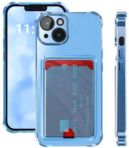 ELEVAVIDA Handyhülle für iPhone 14 blau transparent mit Kartenfach und Kameraschutz - stoßfeste Antishock Ecken, Schutzhülle für Apple iPhone 14 Slim case