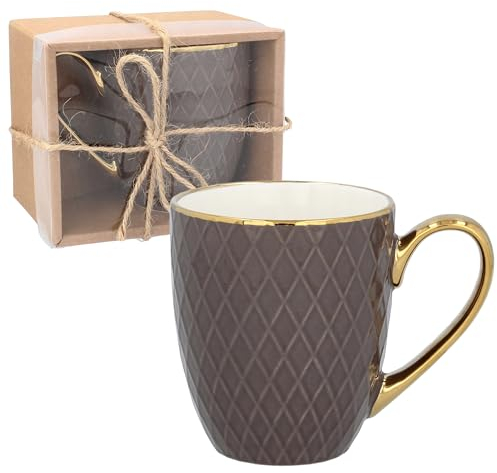 Tazza marrone con manico dorato, tazza in porcellana 380ml