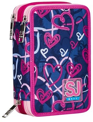 SJ GANG STYLE JAM GANG Astuccio Scuola 3 Zip, Viola, Doodle Heart, Portapenne Triplo Scomparto Completo Di Penne, Matite, Colori, Accessori Zaino, Elementari, Medie, Bambina, 30C202445-5B2