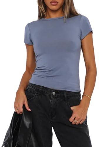 OYIGELZ Damen Basic T-Shirt Kurzarm Crop Tops Y2K Slim Fit Tshirt Oberteile Klassischer Schnitt Sommer Tee Shirts(Nebel Blau-T1,M)