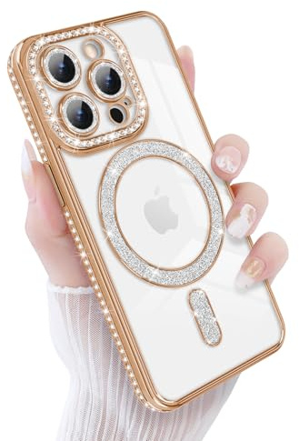 Newseego for iPhone 15 Pro Case Magnetic Glitter Clear, Gold | Compatible with MagSafe, Bling Diamonds, for Girls Women, Soft TPU, Slim Fit, Shockproof Cover, Full Camera Protection