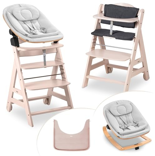 hauck Beta+ Hochstuhl Newborn Set mit Eco Bouncer - Whitewashed | Mitwachsender Holz Kinderhochstuhl mit Rollen ab Geburt bis 90 kg | inkl. Neugeborenenaufsatz, Essbrett & Sitzkissen