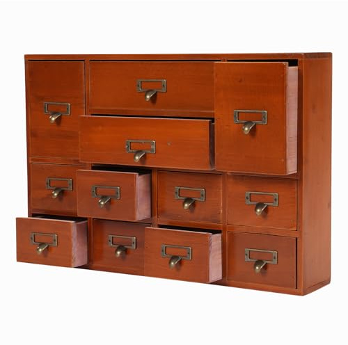 12 Drawers Apothecary Cabinet for Tea, Herb, and Medicine Storage - Vintage Wooden Desk Drawer Organizer Tabletop Chest for Home Office, Brown