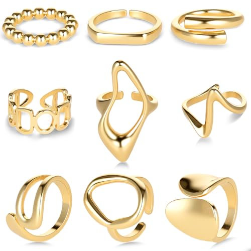 Wanmu 9 Stück Gold Ringe für Damen, Offene Verstellbar Chunky Ringe, Stapelbare Dicke Klobige Fingerringe Rings, Knuckle Ringsset für Mädchen