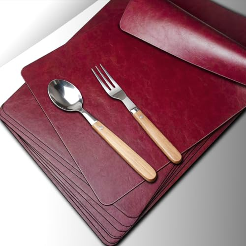 Hochwertige Rot Platzsets Abwaschbar Leder, Tischsets 10er Set,Einfach zu Reinigen-Leicht zu Warten-Auslaufsicher Platzdeckchen,Telleruntersetzer Plastik Kunststoff für Tischdekoration Weihnachtsessen