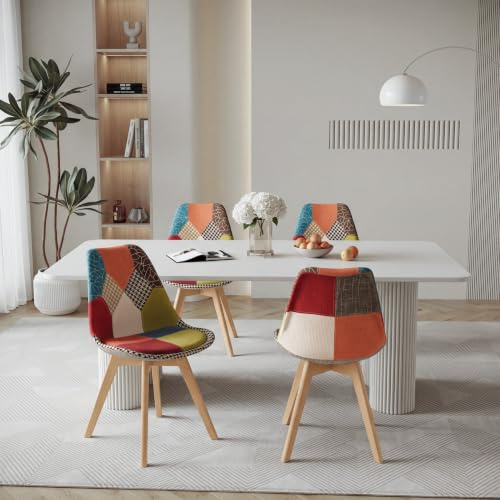 GrandCA HOME Juego de 4 Sillas de Comedor, Silla de Cocina con Estructura de Madera, Sillas Tapizadas con Asiento de Tela de Retazos (Rojo)