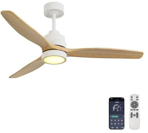 Ventilador de Techo con Luz LED y Mando a Distancia – Motor DC Silencioso 30W, 3 Palas de Madera Maciza, 6 Velocidades, Temporizador, Control Bluetooth, Oscilación– Ideal para Salón/Dormitorio