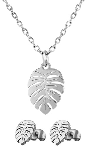 BS Schmuckdesign Halskette Damen Schmuck Set verspieltes Design Edelstahl-Kette mit Anhänger Kette und Ohrringe Glieder-Kette wasserfest & hypoallergen Größe verstellbar
