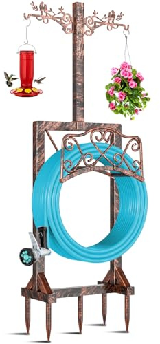 ODSNANIE 160CM Gartenschlauchhalter Freistehend mit 2 Vogelstatuen Haken | Wasserschlauchhalter Mit 5 Spikes,hält 45m Schlauch,Abnehmbarer Schlauchständer,Antike Bronze Für Außenbereich Hof Rasenplatz