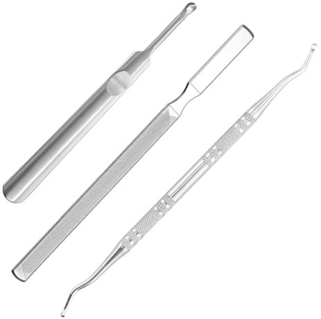 YIPFEN Set de Cuidado de Uñas 3 Piezas Lima 4 Lados 13 cm, Removedor de Cutículas Doble Cara, Cucharilla para Oídos 9 cm para Uñas Encarnadas Acero Inoxidable