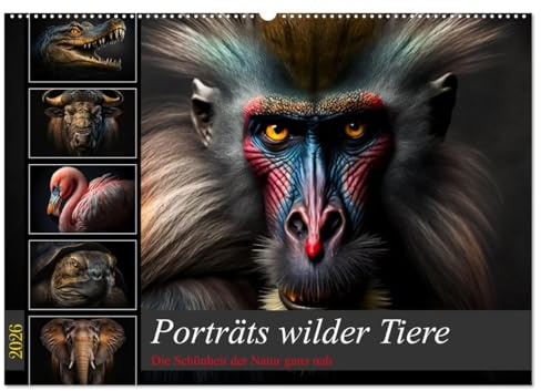 Porträts wilder Tiere (Wandkalender 2026 DIN A2 quer), CALVENDO Monatskalender: Spektakuläre Bilder wunderschöner wilder Tiere (CALVENDO Kunst)