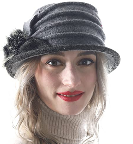 HISSHE Dame Wolle Blumen Eimer Glocke Bowler Mütze Fühlte Kleid Hüte (Grau,M)
