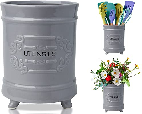 Comfify Französischer Grauer Keramik-Utensilienhalter - Vintage Style Kochgeschirr Caddy - Antikes Design - Kochgeschirr Organizer - Rustikales französisches Landhausgeschirrtopf für Kochfreunde