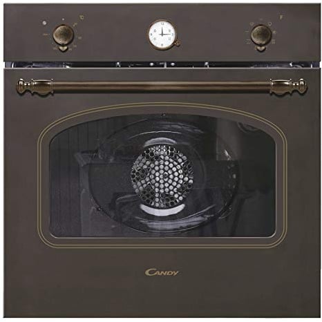 Candy Classic FCC604AV/E, Horno Multifunción, 65L, Ventilador de Enfriamiento, Convección + Ventilador, 8 Funciones, Reloj Analógico y Mandos Vintage, Puerta Doble Cristal, Cobre y Dorado
