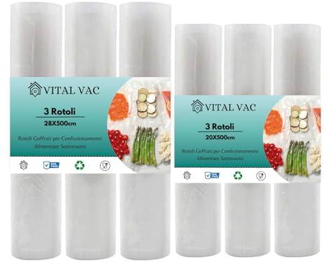 VITAL VAC 6 Rotoli Goffrati di 5 Metri per Sacchetti di Confezionatrice Sottovuoto Di Alimenti | Riutilizzabili, Validi per Conservazione, Congelamento, Microonde e Cottura Sous Vide